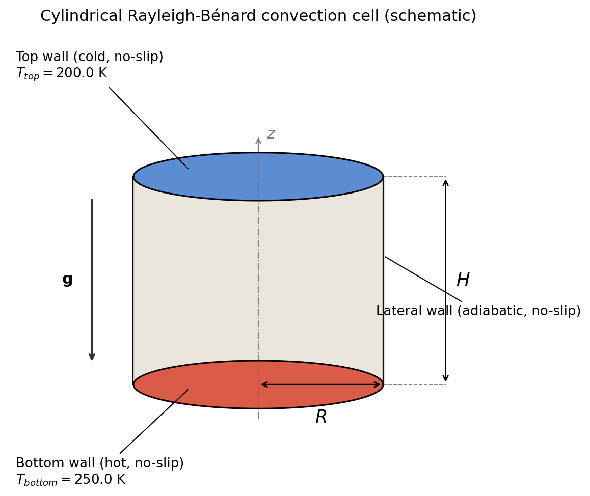 Cylindrical Rayleigh-Bénard domain schematic